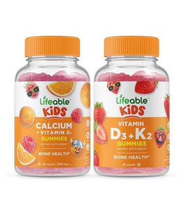 Lifeable Calcium with Vitamin D Kids + Vitamin D3 + Vitamin K2 Kids Gummies Bundle - Great Tasting Vitamin Supplement Gluten Free GMO Free Chewable Gummy
