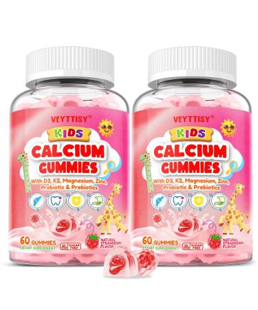 Kids Calcium Gummies with D3 & Magnesium for 4+: Sugar Free Calcium Citrate with Vitamin D3, K2, Zinc, Probiotics & Prebiotics for Kids - Gluten Free, Non-GMO,Vegan, Natural Strawberry Flavor Strawberry 60 Count (Pack of 2)