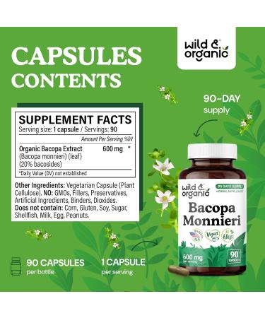 Wild & Organic Bacopa Capsules 600 mg - Brain Support - Natural Bacopa Monnieri Supplement - Brahmi Capsules - 90 Days of Supply - Vegan No Fillers Non-GMO - 90 Count 90 Count (Pack of 1) - Buy Online on GoSupps.com