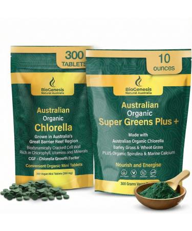 Biogenesis Organic Supergreens Kit Australian Grown Chlorella Tablets (300ct) & Unflavored SuperGreens Powder (300g) Complete Vegan Daily Green Blend for Immune System Support & Natural Energy