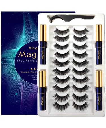 Alcastar Magnetic Eyelashes Natural Look Magnetic Lashes With Eyeliner magnetic eyelash kit Easy Reusable Magnet Lashes Waterproof  Long Lasting Cruelty Free 10 pairs Kit-H46: 10 paris+4 tubes