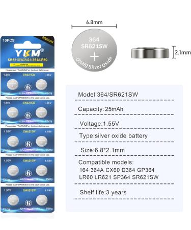 YKM 364 SR621SW Watch Battery AG1 364/363 LR621 V364 - 10 Pack Silver Oxide 1.55V | International Shipping - Buy Online on GoSupps.com