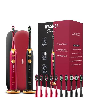 Wagner & Stern. Duette Series. 2 Electric toothbrushes with Pressure Sensor. 5 Brushing Modes and 4 Intensity Levels 10 Dupont Bristles 2 Premium Travel Cases. (Burgundy/Black)