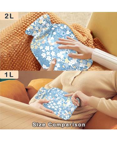 Hot Water Bottle with Cover | Naanle 2L Transparent Heat Bottle for Pain Relief & Therapy - White Blue Flowers - Buy Online on GoSupps.com
