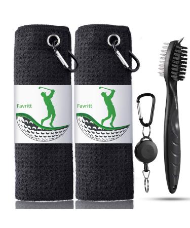 Favritt 3 Pack Golf Towel Golf Club Cleaner Set,Microfiber Fabric Waffle Pattern Towels,Heavy Duty Carabiner Clip (3Pcs) 2 Black Towel+1black Brush