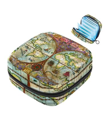 Vintage world map atlas pirates adventure pattern sanitary napkin storage bag menstruation pad bag pocket portable menstrual cup pocket with zipper for teenage girls women women