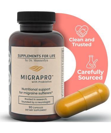 Dr. Munnerlyn MigraPro with Probiotics Brain and Gut Health Support Supplement with Magnesium Riboflavin CoQ10 Ginger Root Asian Ginseng Vitamin C Feverfew & Turmeric Gluten Free 90 Capsules - Buy Online on GoSupps.com