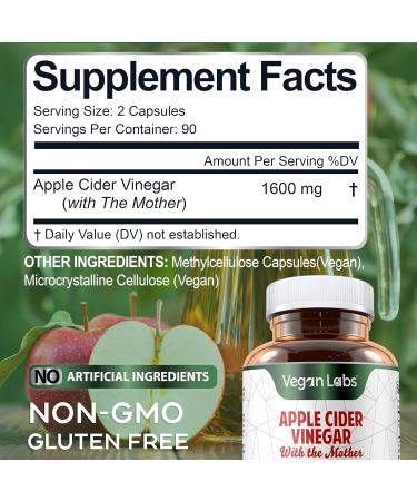 Vegan Labs Apple Cider Vinegar Capsules - 180 Vegan ACV Pills for Digestion & Detox - 1600MG Keto-Friendly 100% Natural - Buy Online on GoSupps.com