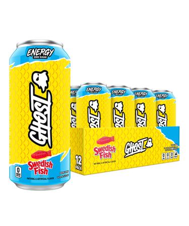 GHOST ENERGY Sugar-Free Energy Drink - 12-Pack, SWEDISH FISH, 16oz Cans - Energy & Focus & No Artificial Colors - 200mg of Natural Caffeine, L-Carnitine & Taurine - Soy & Gluten-Free, Vegan