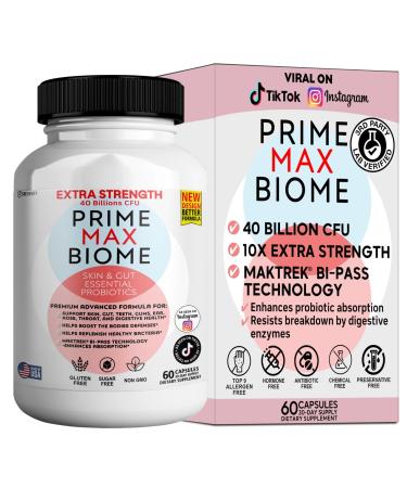 Prime Max Biome Probiotics 40 Billion CFU Extra Strength Skin & Gut Support with MAKTrek Bi-Pass Technology 4 Strains + Prebiotics Non-GMO Gluten-Free 60 Capsules (1)