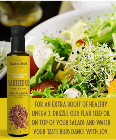 Organic Flax Seed Oil (Cold Pressed) by Sun & Seed - 250ml - Made from 100% Organic Flax Seeds - Great Source of Omega-3 - Vegan Friendly - Pure & Refined - Buy Online on GoSupps.com