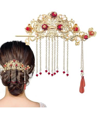 Chinese Hair Accessories for Wedding Red Tassel Gold Hanfu Pins Pearl Flower Hair Pins Hair Chopsticks Hair Styling Vintage Classical Sticks Long Tassel Chinese Hair Jewelry Accessories