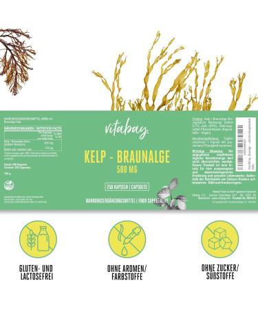 VITABAY KELP 500 mg - 250 Capsules | Bioavailable Brown Algae | Natural Iodine Source | Essential Trace Element | Made in Germany - Buy Online on GoSupps.com