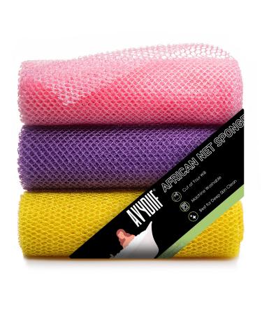 African Net Sponge Bath Sponge  3 PCS 31.5 Inch Long Exfoliating Body Scrubber African Exfoliating Net Back Scrubber for use in Shower Exfoliating Washcloth (Pink Yellow  Purple) Pink Yellow  Purple 3.0
