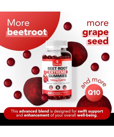 Extreme Beetroot Formula & COQ10 100mg - Gluten Free Energy Gummies with Grape Seed Extract for Enhanced Circulation - 1500mg - 60 Count - Buy Online on GoSupps.com