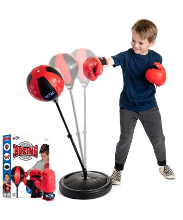 NSG Punching Bag and Boxing Gloves Set for Kids - Freestanding Base Punching Ball with Spring Loaded Height Adjustable Stand, Junior Boxing Gloves, and Hand Pump - Ages 3+ , Red/Black