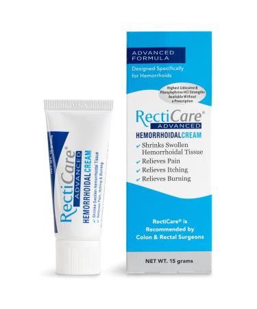 Recticare Advanced Hemorrhoidal Cream: Advanced Treatment to Shrink & Soothe Hemorrhoids - Itch Pain & Burn Relief - 15g Hemorrhoidal Cream with Lidocaine