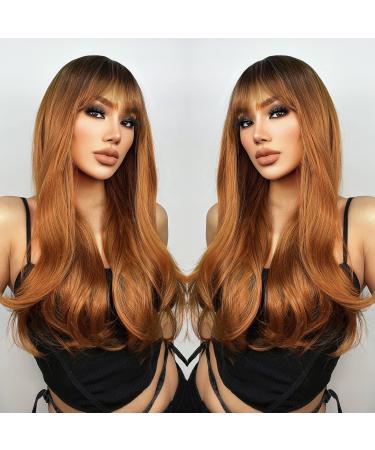 Earfodo Light Auburn Wigs With Bangs Ombre Red Copper Wigs for Women 26 Inch Natural Hair Wig With Dark Roots Heat Resistant Synthetic Long Auburn Wigs for Women Daily Party Use A-Light Auburn