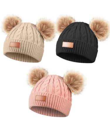 3 Pieces Kids Winter Pompom Hat Knitted Ski Beanie Hat Double Pom Beanie Cap for Girls Boys for 1-3 Years Old M Black Khaki Pink