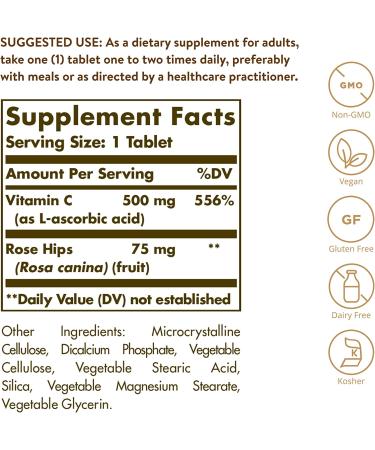 Solgar Vitamin C with Rose Hips 500mg - 250 Tablets | Boost Immunity & Antioxidant Support - Buy Online on GoSupps.com