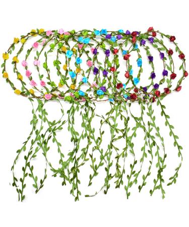 Legigo 12 Pieces Multicolor Flower Wreath Crown Headband for Women Girls Brides - Assorted Colored Flower Crown Garland Headbands for Festival Wedding Party Vacation Photography Props