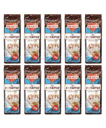 HEARTS Pack of 10 cans of 1 kg for iced coffee powder, approx. 65 glasses/bag, instant coffee, iced coffee as a summer drink, caffeine and soluble