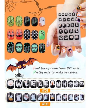 128 Pieces Halloween Artificial Nails for Kids | Ebanku Press-On Nail Art | Spider Pumpkin & Skull Designs for Girls - Buy Online on GoSupps.com