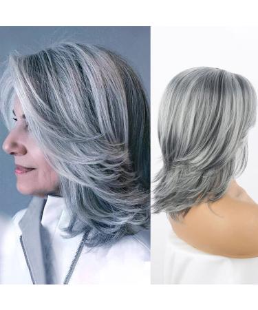 KRSI Grey Layered Wig Mix Gray and Black Natural Wave Hair Wigs for Women Shoulder Length Silver Wavy Wigs with Curtain Bangs Wigs 14inch Short Layered Gray Wig Natural Synthetic Hair Wigs for Black Women Siliver Grey