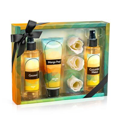 Fine Fragrance Body Mist & Body Splash Gift Set Luxury Self-Care Combo for Women and Girls (Coconut Cucumber Mango Pear Rose Soap) Valentines Gift for Women Coconut Cucumber Mango Pear 6-piece