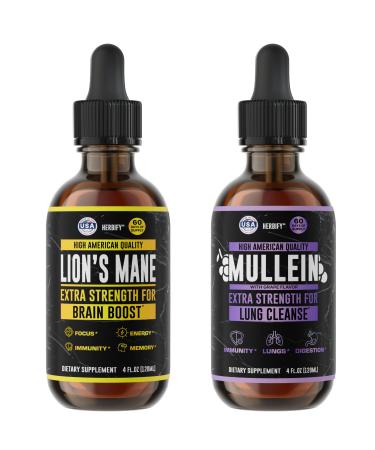 HERBIFY Bundle - Lions Mane & Mullein Grape 4 Fl Oz Drops - Supplement for Memory Focus & Clarity & Immune Support Lung Cleanse and Bronchial Support