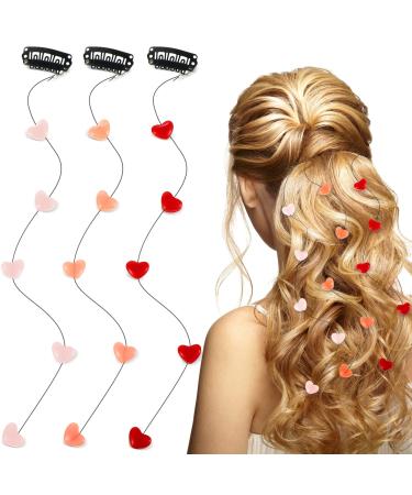 3 Pcs Valentine's Day Hair Extensions Acrylic Love Heart Bead Streamline Decorative Hair Clip DIY Cute Heart Hair Accessories Invisible Hair Side Comb for Women Girls  Light Pink  Rose Red  Bright Red
