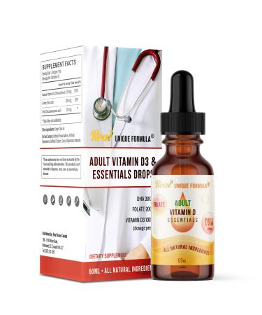 Unique Formula Adults Health Essentials Drops - Liquid DHA Omega 3 Natural Vitamin D3 1000 IU Folate Supplement Supports Heart Brain Eyes & Joint Health Supplement for The Whole Family