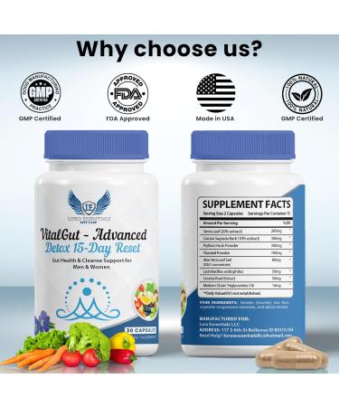 LORO ESSENTIALS VitalGut Advanced Gut and Colon Cleanse Detox for Women & Men 15-Day Reset Gut Health Support Whit Senna cascara Sagrada and Psyllium Husk-Non GMO 30 Capsules - Buy Online on GoSupps.com