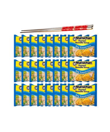Ja Cor Instant Ramen Noodle Soup Soy Sauce Flavor Noodles 3 oz Bulk Pack Bundle with 1-Set of Reusable Stainless Steel Chopsticks (24 Individual Packs)