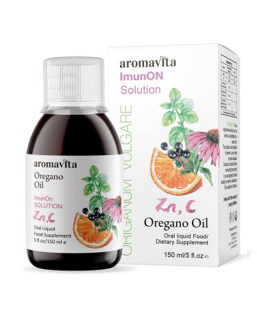AROMAVITA ImunOn Solution Syrup - Oregano Oil-Sambucus Extract Vitamin C Zinc b-Carotene Orange-Powerful System Defence Booster-Natural Vegan Friendly