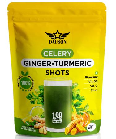 Celery Ginger Turmeric Shots 100 Shots - Detox & Bloat Support Drink Powder with Inulin Lemon Pineapple Vitamin C D3 & Zinc Daily Wellness Shot Celery Ginger Turmeric 1 Count (Pack of 1)