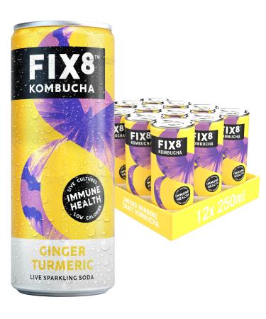 Fix8 Kombucha Drink | Live Cultures | Rich in Beneficial Probiotics | Boosts Immune System | Low Calories | Vitamin B&C | Vegan & Gluten Free | Recyclable & Sustainable | 12x250ml (Ginger Turmeric)