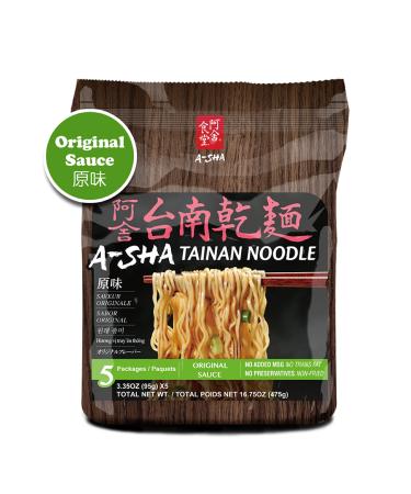 A-SHA Healthy Ramen Noodles, Tainan Noodles with Original Sauce, Vegetarian Noodles, Curly, Thin Noodles, 1 Bag, 5 Servings Original 3.35 Ounce (Pack of 5)