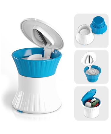 Pill Crusher Cutter Splitter Grinder - 3 in 1 - Pill Crusher Pulverizer - Tablet Cutter with Small Pill Box Container - Pill Breaker Slicer Chopper Divider - Multifunction Blue White