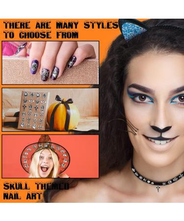 180 Pieces 3D Halloween Nail Art Charms - Skull Cross Ghost Bat Skeleton & Rhinestones - Metal Vintage Alloy Nail Decor for DIY Halloween Nails (Silver - Buy Online on GoSupps.com