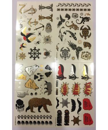 Temporary Tattoos for Boys and Girls | 77 Tattoos on 4 Sheets | Fun Metallic Tattoos for Kids | Black  Silver  Red & Gold Tattoo Bears Wolves Turtles Lizards Spiders Birds and More | Twink Designs Boys 4 Sheet
