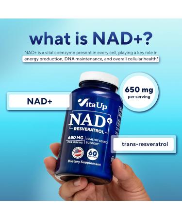 VitaUp NAD+ Resveratrol Supplement - USA Made Trans Resveratrol NAD Supplement 650mg - Nicotinamide Adenine Dinucleotide Capsules for Healthy Aging Energy & Focus Support - 60 Count - Buy Online on GoSupps.com