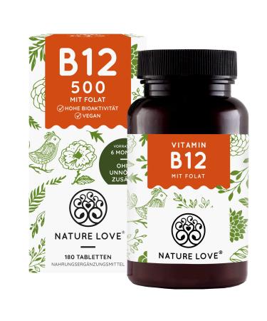 Nature Love Vitamin B12 Vegan - 500 g per daily dose - 180 tablets - Both active forms of adenosyl & methylcobalamine + depot + folat 5 -MTHF from Quatrefolic - highly dose German production