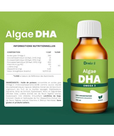  Dreizol DHA Algae - Omega-3 Highly Dosed Micro-Algae - Vegan DHA with Vitamin E - Lemon Mint Flavour - Gluten and Lactose Free - 100ml - Buy Online on GoSupps.com