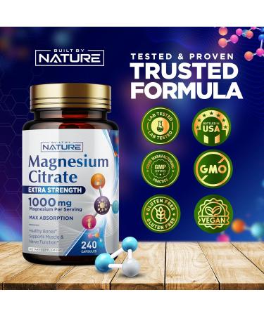 Magnesium Citrate 1000mg - Max Absorption & High Potency Magnesium Complex Supplement for Heart Muscle Nerve Bone Health & Stress Relief - Non-GMO Gluten-Free - 240 Vegan Capsules 240 Count (Pack of 1) - Buy Online on GoSupps.com