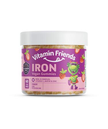 Vitamin Friends - Vegan Multivitamin & Iron for Kids - Daily Nutritional Support Gummies w/Ferrous Fumarate B-Complex Vitamin C Zinc Biotin - Body Function & Anemia - Strawberry (60 Day Supply) 60.0 Servings (Pack of...