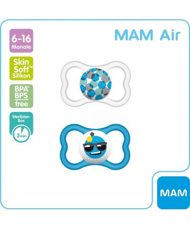 MAM Air Silicone Pacifier Set of 2 - Extra Light & Tooth-Friendly | 6-16 Months | Blue Smiley Design with Pacifier Box - Buy Online on GoSupps.com