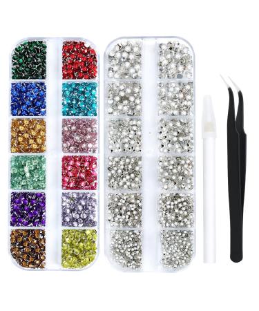 4968Pcs Rhinestones for Nail Art Glass Crystals,6 Size(ss4-ss16) Nail Gems Flatback Rhinestone for Crafts,Jewels Diamonds Stone Kit with Picking Pen and Tweezers(Mixed+White) B 12 Grid Mixed+12 Grid White