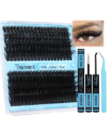 Yawamica Lash Extension Kit Fluffy 150D+200D Lash Clusters Eyelash Extension Kit 12-20mm Individual Lashes with Lash Bond Lash Remover Lash Applicator for DIY Lashes Extension(150D+200D-12-20MM Kit) 150D+200D-Lash Kit