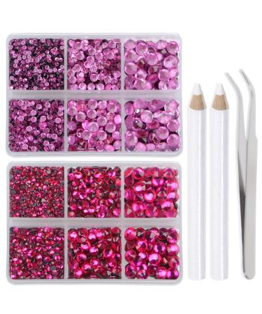 LPBeads 6400 Pieces Pink and Fuchsia Hotfix Rhinestones Flat Back 5 Mixed Sizes Crystal Round Glass Gems with Tweezers and Picking Rhinestones Pen